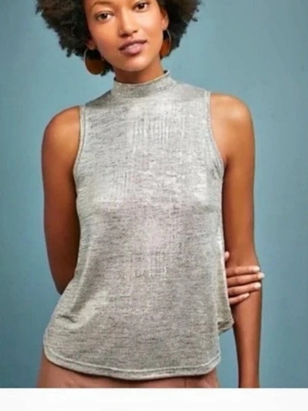 Anthropologie Postmark Silver Metallic Mock Neck Tank Sz Lg